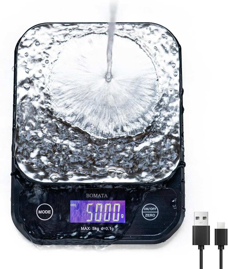BOMATA Waterproof Kitchen Scale, 0.1g/0.01oz High Precision, 5kg/11lb, Washable, USB Rechargeable, Digital Scale for Food,Cooking, Baking, Weight Loss, Black&Grey - Image 1